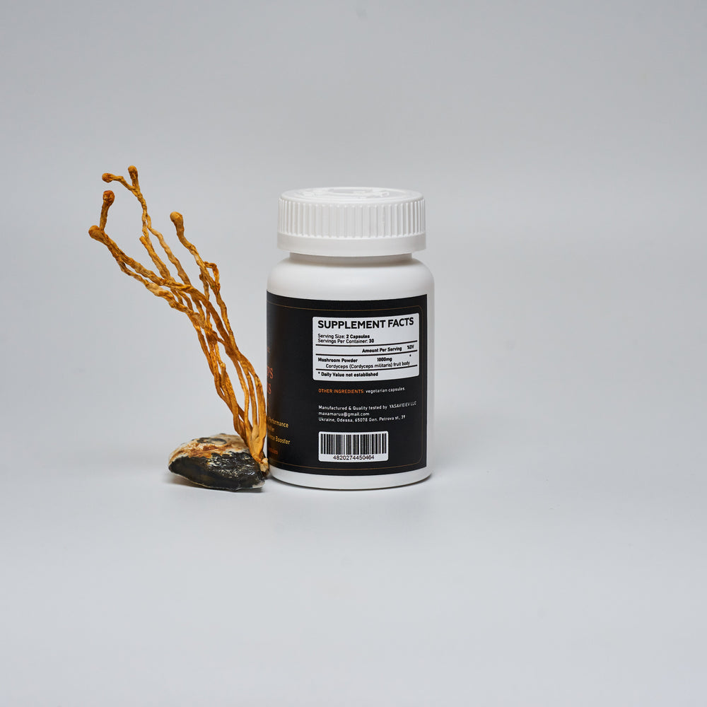 
                  
                    Cordyceps militaris mushroom in capsules
                  
                